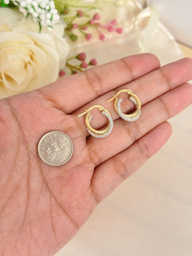 E91254 13mm Two Tone Textured Hoop Loop Earrings