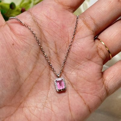 18k White Japan Gold PendantWith 0.70ct Non-heated Pink Sapphire and 0.12ct Halo natural diamond pendant